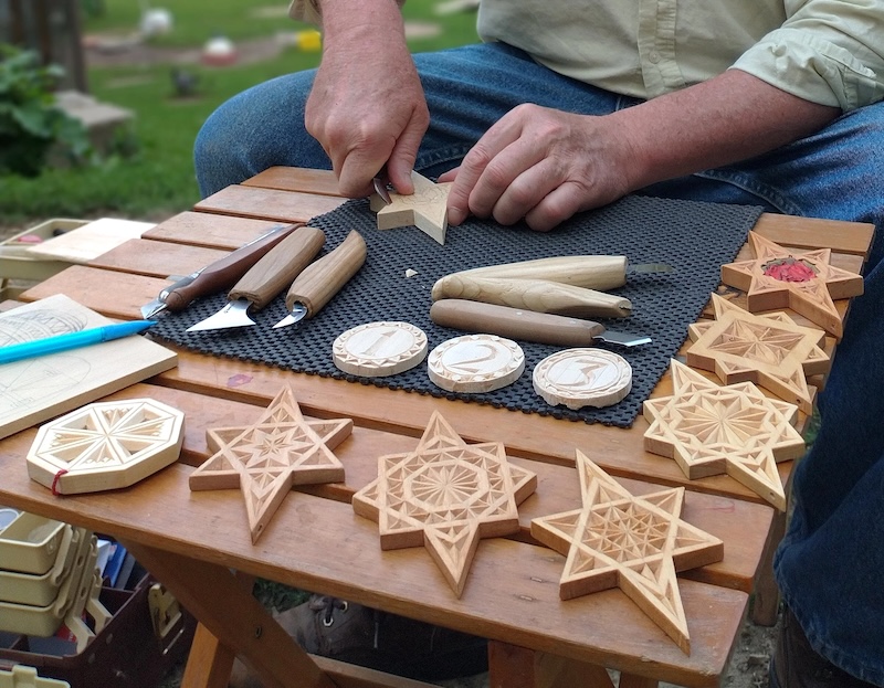 Chip carving. Geometric stars and rosettes start at the basics and move to original work.